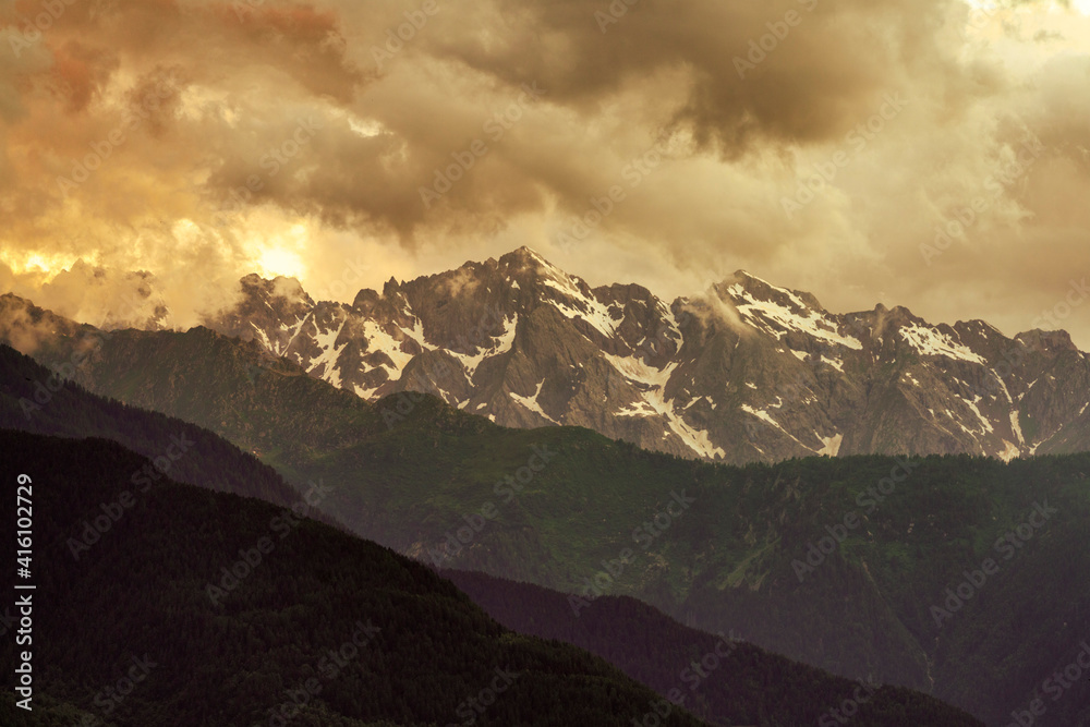 Tirano, Valtellina, Italy: panorama of the mountains at evening