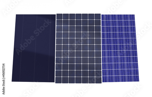 3D rendering several type of Solar Panel isolated on white background, Monocrystalline, Polycrystalline, Thin-film photovoltaic cell generate electricity photo