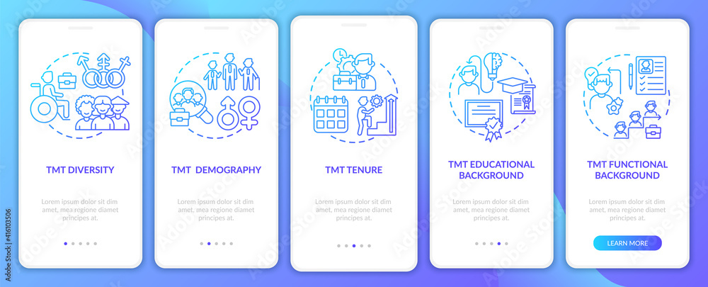Top management team analysis criteria onboarding mobile app page screen with concepts. TMT education walkthrough 5 steps graphic instructions. UI vector template with RGB color illustrations Top management team analysis criteria onboarding mobile app page screen with concepts. TMT education walkthrough 5 steps graphic instructions. UI vector template with RGB color illustrations