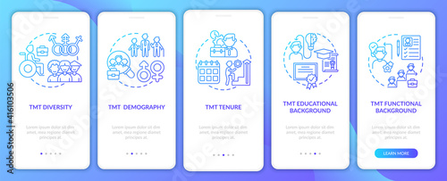 Top management team analysis criteria onboarding mobile app page screen with concepts. TMT education walkthrough 5 steps graphic instructions. UI vector template with RGB color illustrations