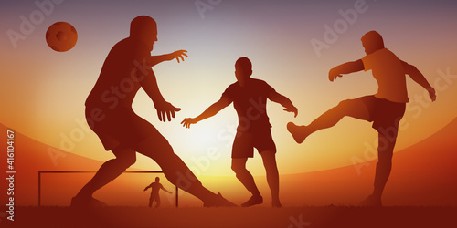 Action de jeu lors d’un match de football avec un défenseur qui frappe le ballon pour dégager son camp et empêcher les adversaires de marquer un but.
