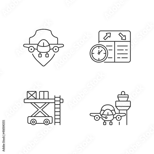 Civil aviation safety flights linear icons set. Flight scheduling. Aviation communication. Customizable thin line contour symbols. Isolated vector outline illustrations. Editable strokes