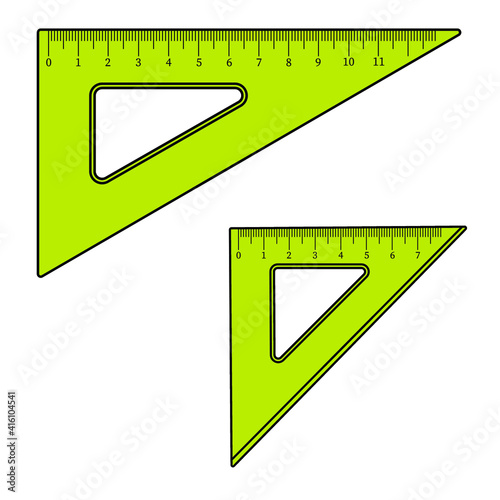 Set of 2 plastic triangular rulers. School tools isolated on white background. Measuring ruler. Geometry and drawing, measurement, schoolbag item, education