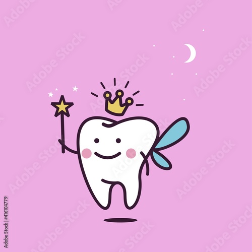 Cute tooth fairy wearing crown and holding a star magic wand vector illustration
