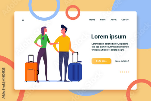 Young couple standing with travel bags and talking. Summer vacation flat vector illustration. Travel concept for banner, website design or landing web page