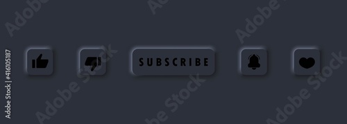 Subscribe button icon set.. Bell buttons and like, thumb up and down. Button subscribe to channel, blog. Social media concept. Marketing. Neumorphism style. Vector EPS10. Isolated on background