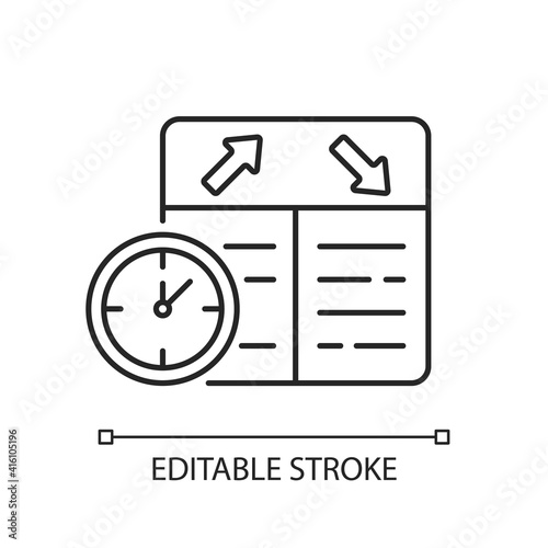 Flight scheduling chalk linear icon. The ability to plan trips. Compliance with the schedule. Thin line customizable illustration. Contour symbol. Vector isolated outline drawing. Editable stroke
