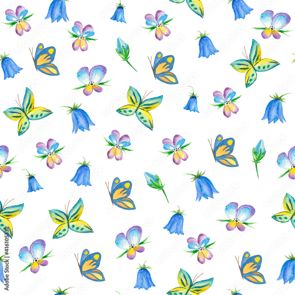seamless spring and easter patterns for textile decoration, easter and items, print. watercolor ornaments of flowers, butterflies and birds. Cute patterns for baby textiles and wallpapers