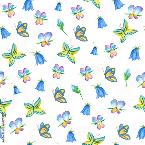 seamless spring and easter patterns for textile decoration, easter and items, print. watercolor ornaments of flowers, butterflies and birds. Cute patterns for baby textiles and wallpapers © Tatsiana