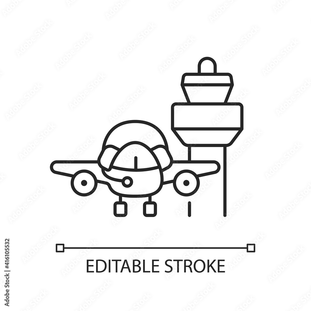 Flight dispatch chalk linear icon. Air traffic control tower. Controller pilot communication. Thin line customizable illustration. Contour symbol. Vector isolated outline drawing. Editable stroke Flight dispatch chalk linear icon. Air traffic control tower. Controller pilot communication. Thin line customizable illustration. Contour symbol. Vector isolated outline drawing. Editable stroke