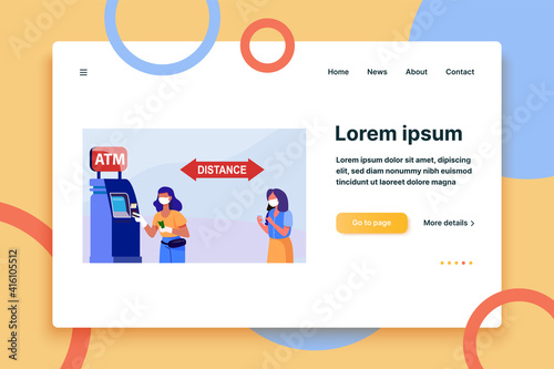 Women using ATM and keeping distance. Money, quarantine, mask flat vector illustration. Finance and pandemic concept for banner, website design or landing web page