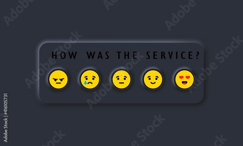 Feedback emoji slider. Reviews or rating scale with emoji representing different emotions. User interface elements for mobile app. Dark theme. Neumorphism style. Vector EPS10. Isolated on background