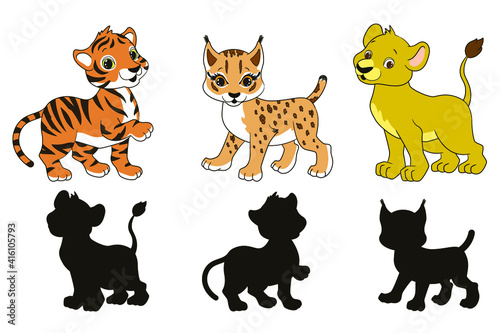 Find the correct shadow, educational game for toddlers, cartoon lion, lynx and tiger on a white background, vector illustration