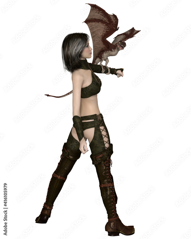 Female Dragon Trainer with Baby Dragon - Back View, 3d digitally rendered fantasy illustration Female Dragon Trainer with Baby Dragon - Back View, 3d digitally rendered fantasy illustration