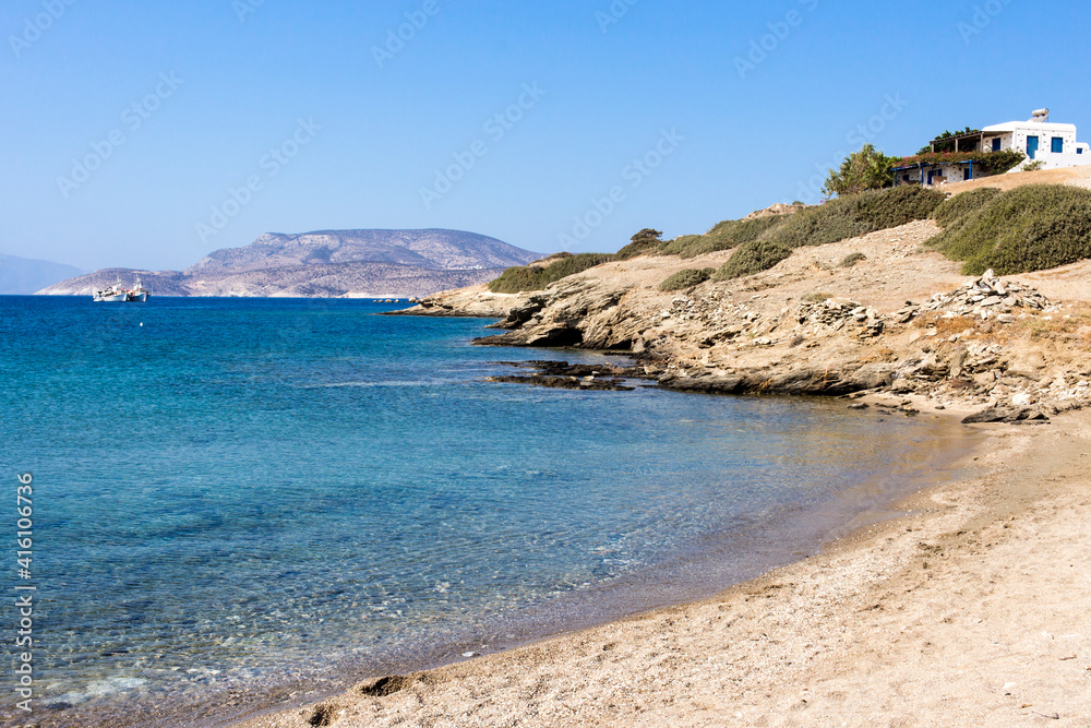 Schinoussa island, Livadi coast view - beautiful sandy beach. Lesser Cyclades, Greece
