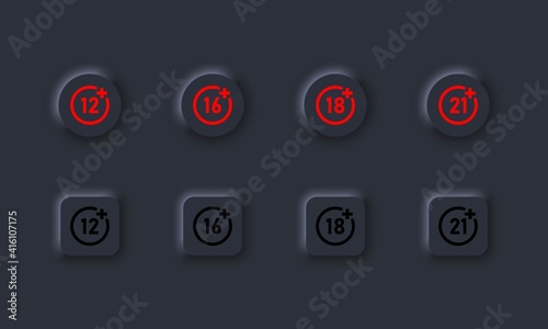 Set of age restriction icons. 12, 14, 18 and 21 age limit concept. Adults content. Dark theme. Neumorphism style. Vector EPS10. Isolated on background