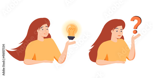 Woman thinking - trying to find a solution with question mark and happy with light bulb creative idea. Concept vector.