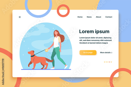 Young woman walking dog on leash. Girl leading pet in park flat vector illustration. Animal care, adoption, lifestyle concept for banner, website design or landing web page