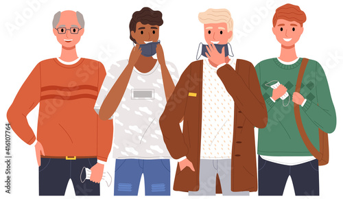 Group of people wearing medical masks. Cartoon characters take off their protective masks and smile vector illustration. Self-isolation during coronavirus pandemic. Mans wearing and remove face mask