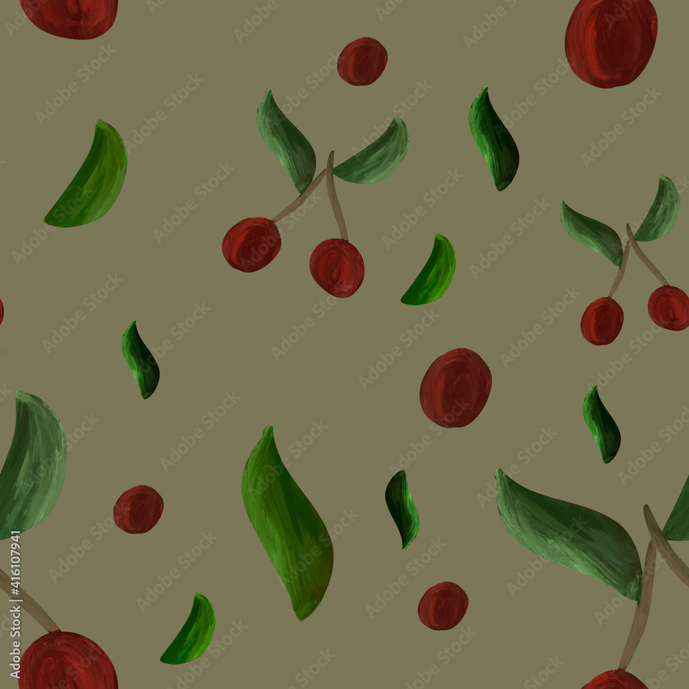 seamless pattern with gouache cherries, leaves, and branches on gray background. Summer, print, packaging, wallpaper, textile, stationery design seamless pattern with gouache cherries, leaves, and branches on gray background. Summer, print, packaging, wallpaper, textile, stationery design