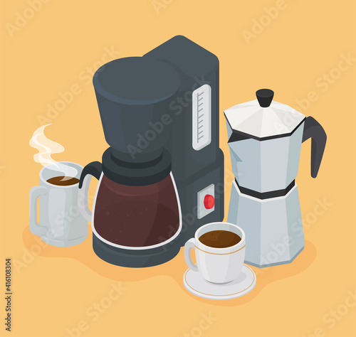 machine with kettle and cups coffee drinks icons vector illustration design