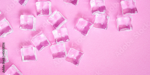 ice cube pieces not real coldimitation artificial plastic transparent acrylic , illusion ready to eat on the table outdoor top view copy space for text food background