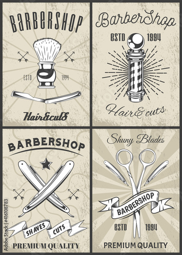 Set of logotype for barbershop in vintage style. Barber shop logo flat vector design emblem with barber objects sign and lettering. Hairdressing salon signboard. Style haircut banner poster