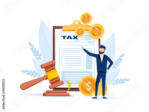 Tax payment stages. Tax office visiting, debt paying, fine and surcharge repayment. Revenue agency, pay a balance owed.