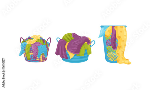 Pile of Dirty Clothing and Laundry Rested in Basket Vector Set