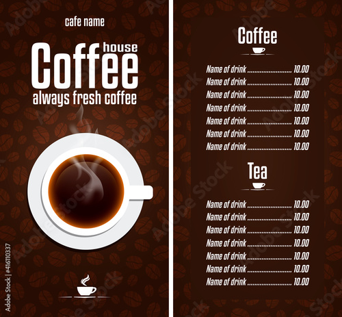 Cafe design menu. Coffee House menu with a cup. Always fresh coffee. Vector illustration