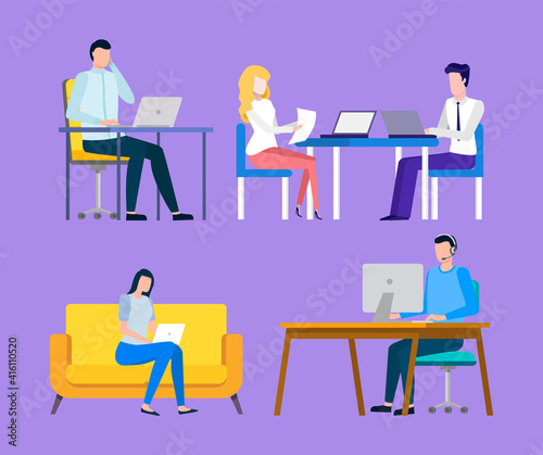 Workers sitting at desktop and working with laptop, manager communication with computer, portrait view of employee set, work in office, colleagues vector © robu_s