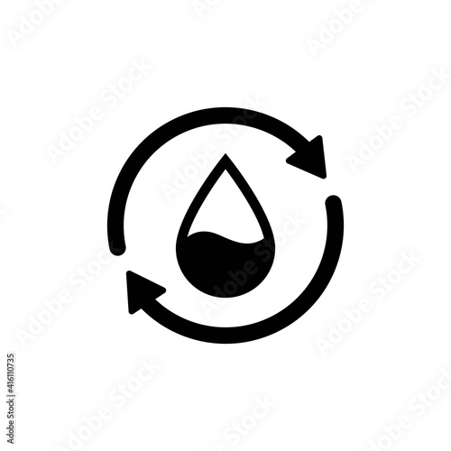Recycle water icon. Water drop with 2 sync arrows. Single black round liquid recycle icon. Planet bio protection circle flat design
