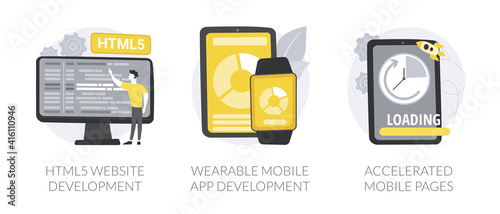 Software and frontend development abstract concept vector illustration set. HTML5 website development, wearable mobile app, accelerated mobile pages, responsive landing design abstract metaphor.