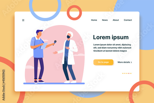 Young guy interviewing doctor in mask. Microphone, quarantine, reporter flat vector illustration. Pandemic and protection concept for banner, website design or landing web page