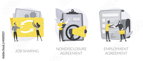Working terms abstract concept vector illustration set. Job sharing, nondisclosure agreement, employment agreement, part time job, confidential information, financial relations abstract metaphor.