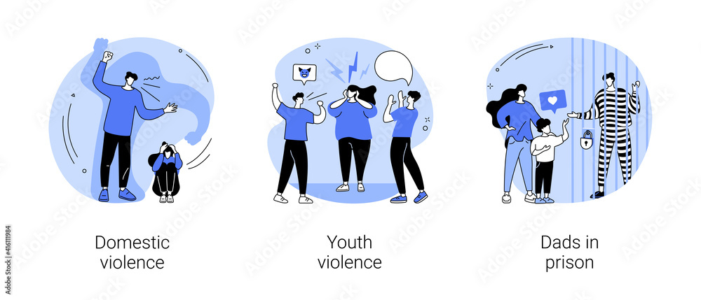 Harrasment abstract concept vector illustration set. Domestic and youth violence, dads in prison, family conflict, ask for help, child bullying at school, criminal father abstract metaphor.
