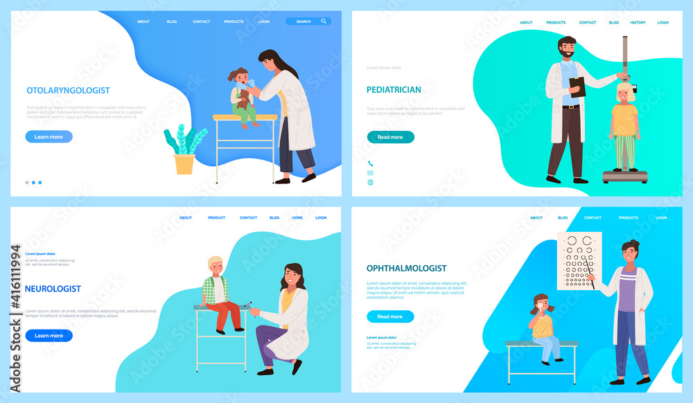 Set of illustrations on the toopic of app for communication with healthcare professionals. Website for consultation with different doctors. Program landing page template. Pediatricians treat children