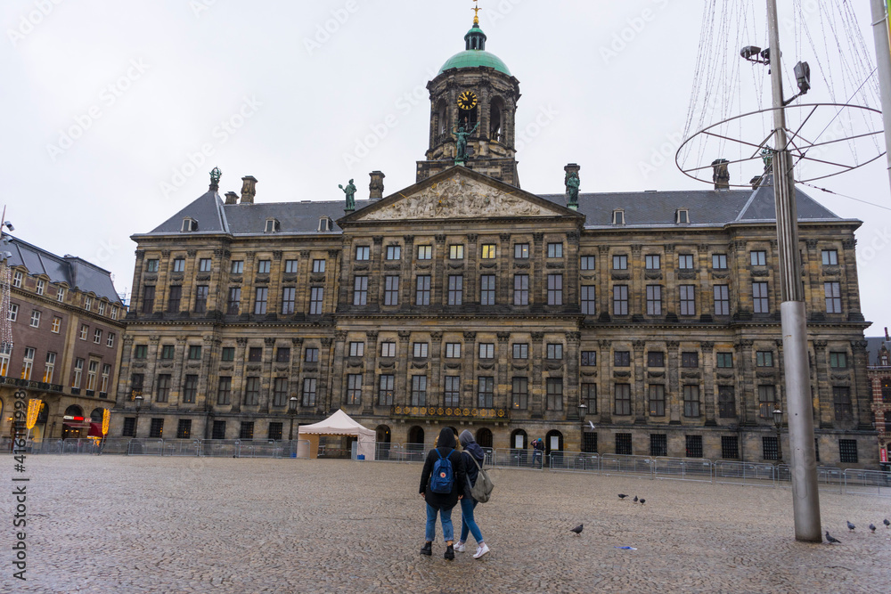 View of Royal Palace Amsterdam and Dam Square in Amsterdam, Netherlands.
