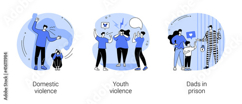 Harrasment abstract concept vector illustration set. Domestic and youth violence, dads in prison, family conflict, ask for help, child bullying at school, criminal father abstract metaphor.