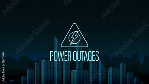 Power outage, warning triangle logo on the background of the city without electricity in digital style