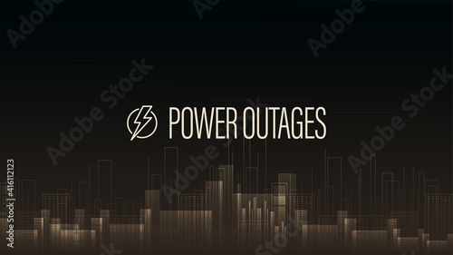 Power outage, warning poster with logo and city without electricity in digital style on background