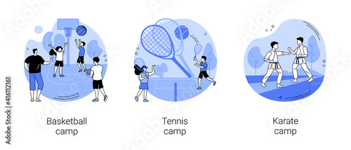Youth summer holiday abstract concept vector illustration set. Basketball and tennis summer camps, karate vacation program, martial arts, physical activity, sport academy, training abstract metaphor.