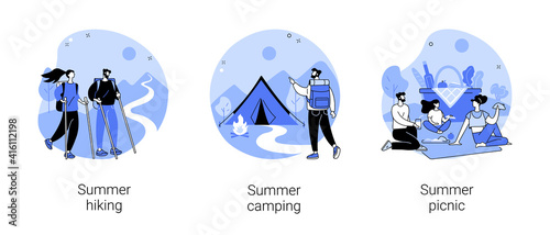 Vacation activities abstract concept vector illustration set. Summer hiking, caravan camping in national park, outdoor picnic, scout program, leisure time spending, park trails abstract metaphor.