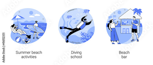 Summer resort abstract concept vector illustration set. Beach activities, surfing and diving school, beach bar, sea coast restaurant, water sport, scuba diver, tropical cocktail abstract metaphor.