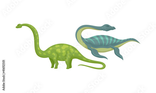 Different Dinosaurs as Terrestrial Reptiles of Jurassic Period Vector Set © Happypictures