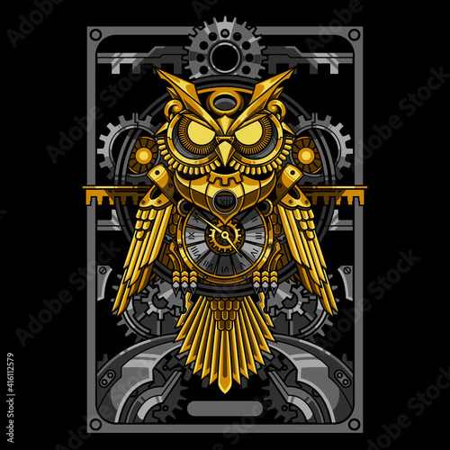 gold owl steampunk illustration and tshirt design