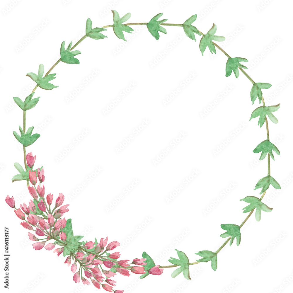 Fototapeta premium Watercolor hand painted nature floral circle frame with pink heather flowers and green branches wreath on the white background for invite and greeting card design with space for text