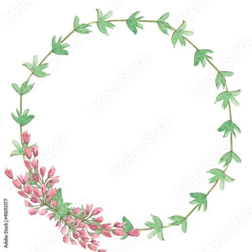 Watercolor hand painted nature floral circle frame with pink heather flowers and green branches wreath on the white background for invite and greeting card design with space for text