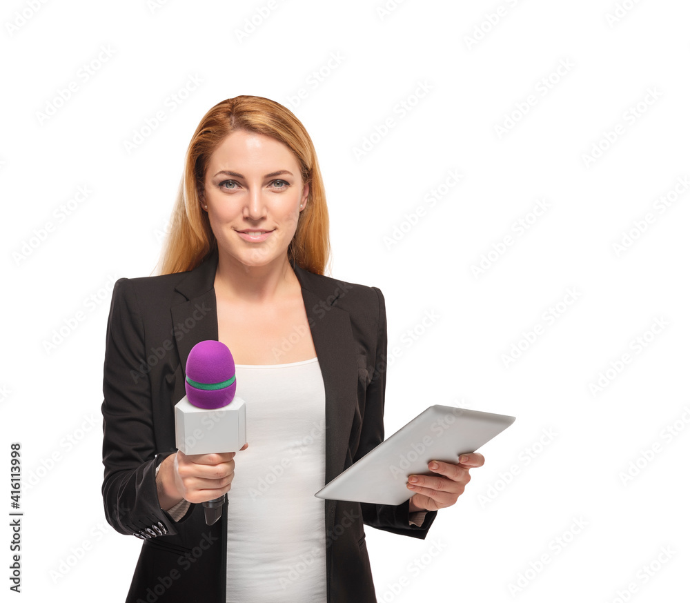 A woman reporter is holding a microphone. The TV presenter with a microphone is ready for an interview. A woman reporter is holding a microphone. The TV presenter with a microphone is ready for an interview.