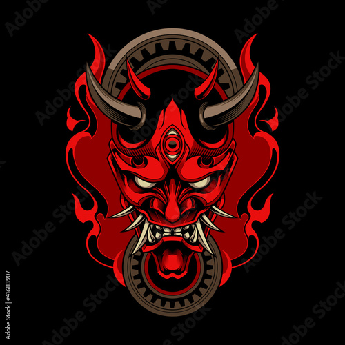 Hannya the traditional japanese demon Oni mask illustration and tshirt design